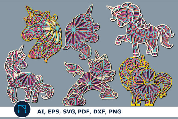 3D SVG Shapes: Multi Layer Unicorn Mandala Bundle